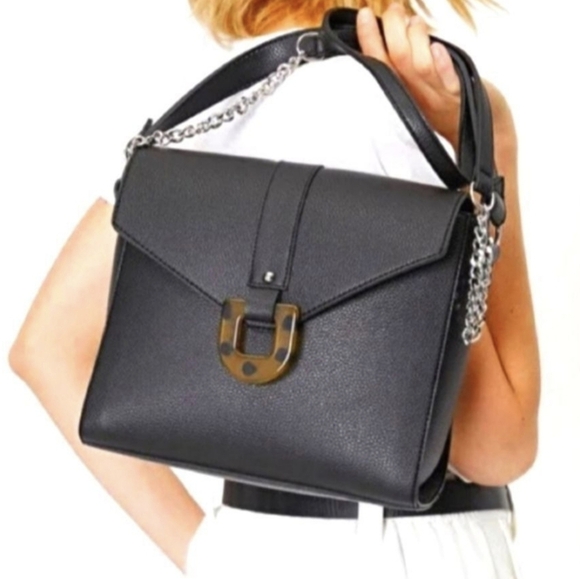 ZARA, New, Black Vegan Leather Tortoise Silver Chain Crossbody Handbag Purse - Picture 1 of 12